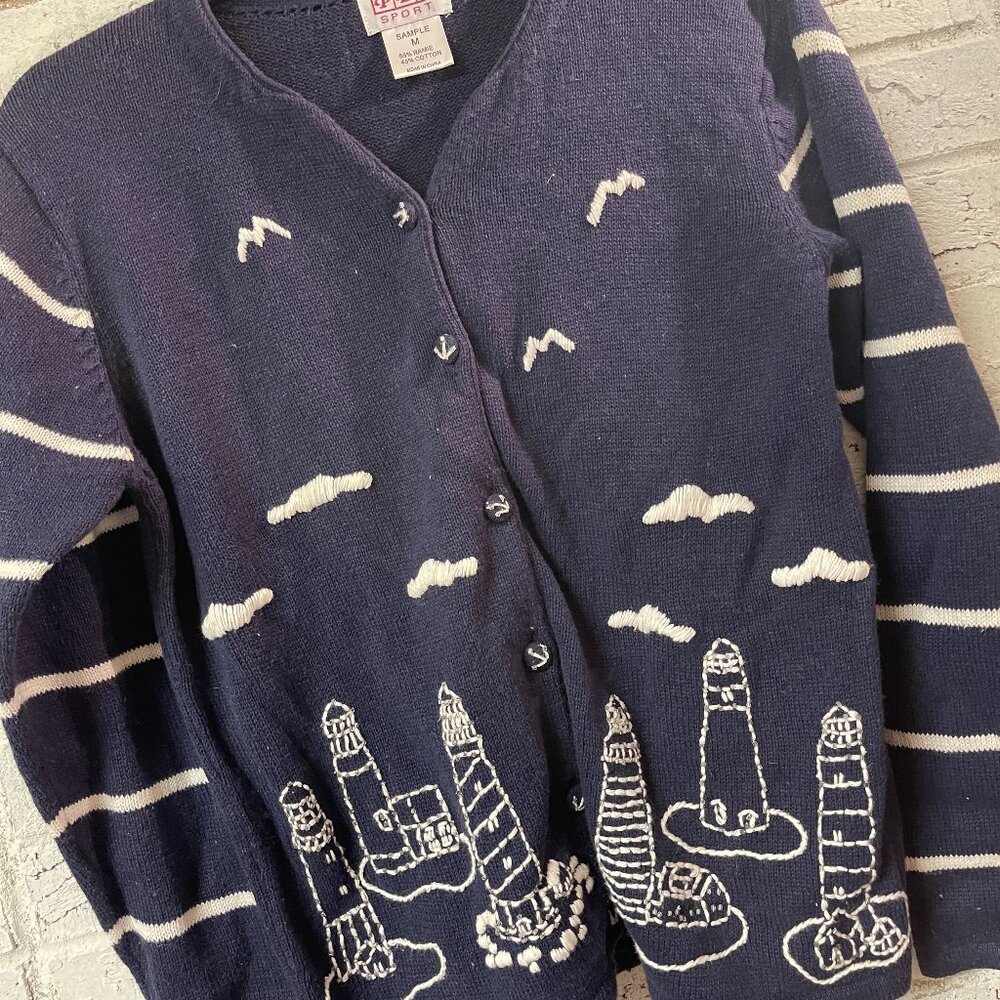 PBJ Sport Nautical Lighthouse Cardigan Sweater | Medium